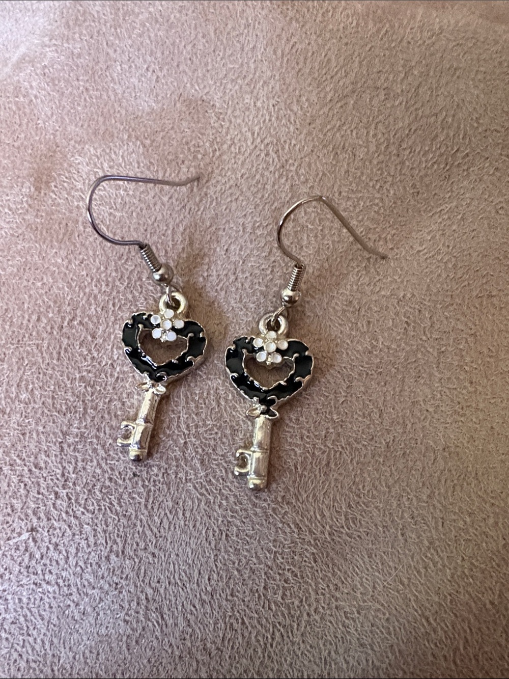 Silver Key Heart Drop Earrings with Black Enamel and Flower Accent